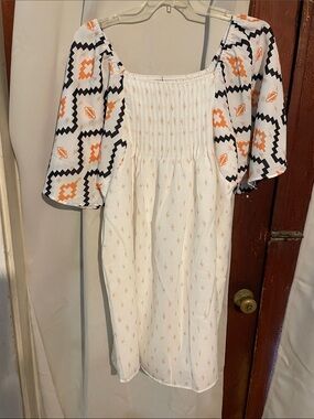 Smocked White Casual Dress with Orange & Black Sleeve Print